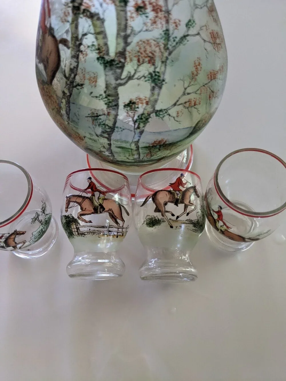 1930's Czechoslovakian Glass Decanter Set with Equestrian Scene and Red Trim.